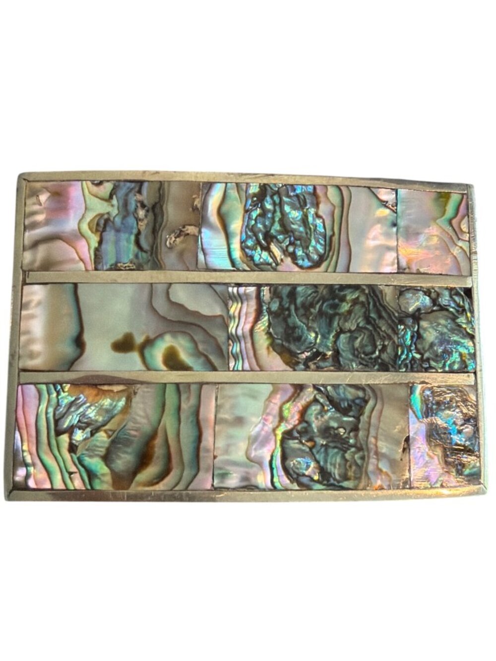 Vintage Hecho En Mexico Taxco Silver Belt Buckle Inlay Abalone 3.25" Estate READ